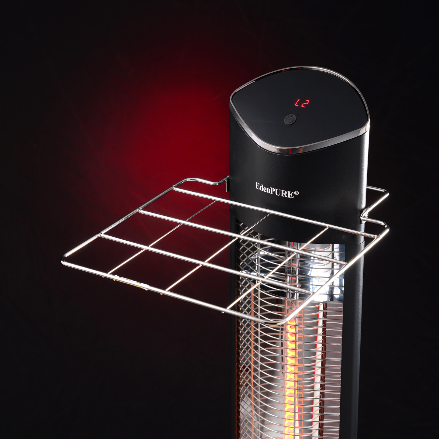 EdenPURE All Season Indoor Outdoor Infrared Tower Heater in black with digital display and metal drying rack attachment