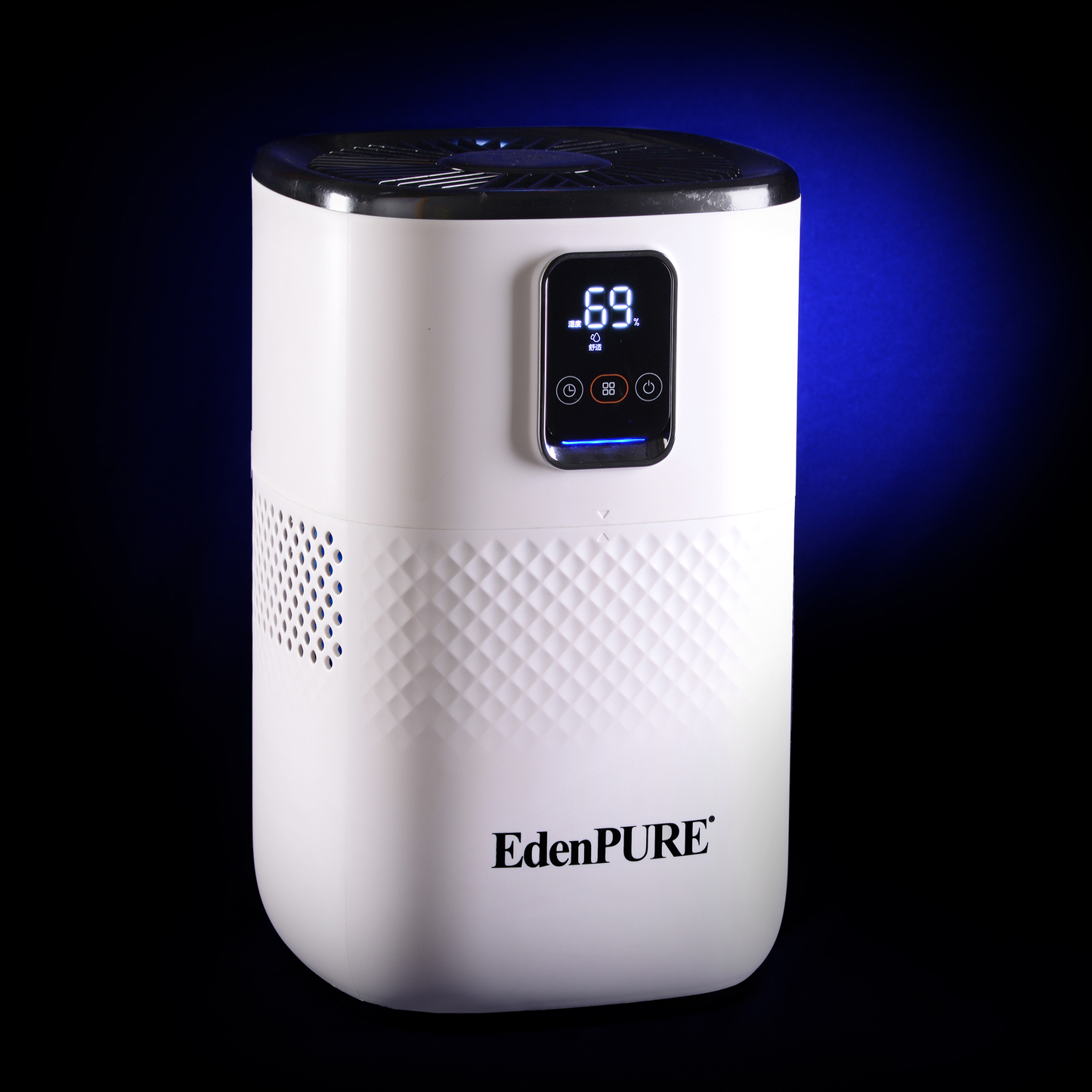EdenPURE Mist-Free Humidifier with white textured body and digital display on black top against dark blue background