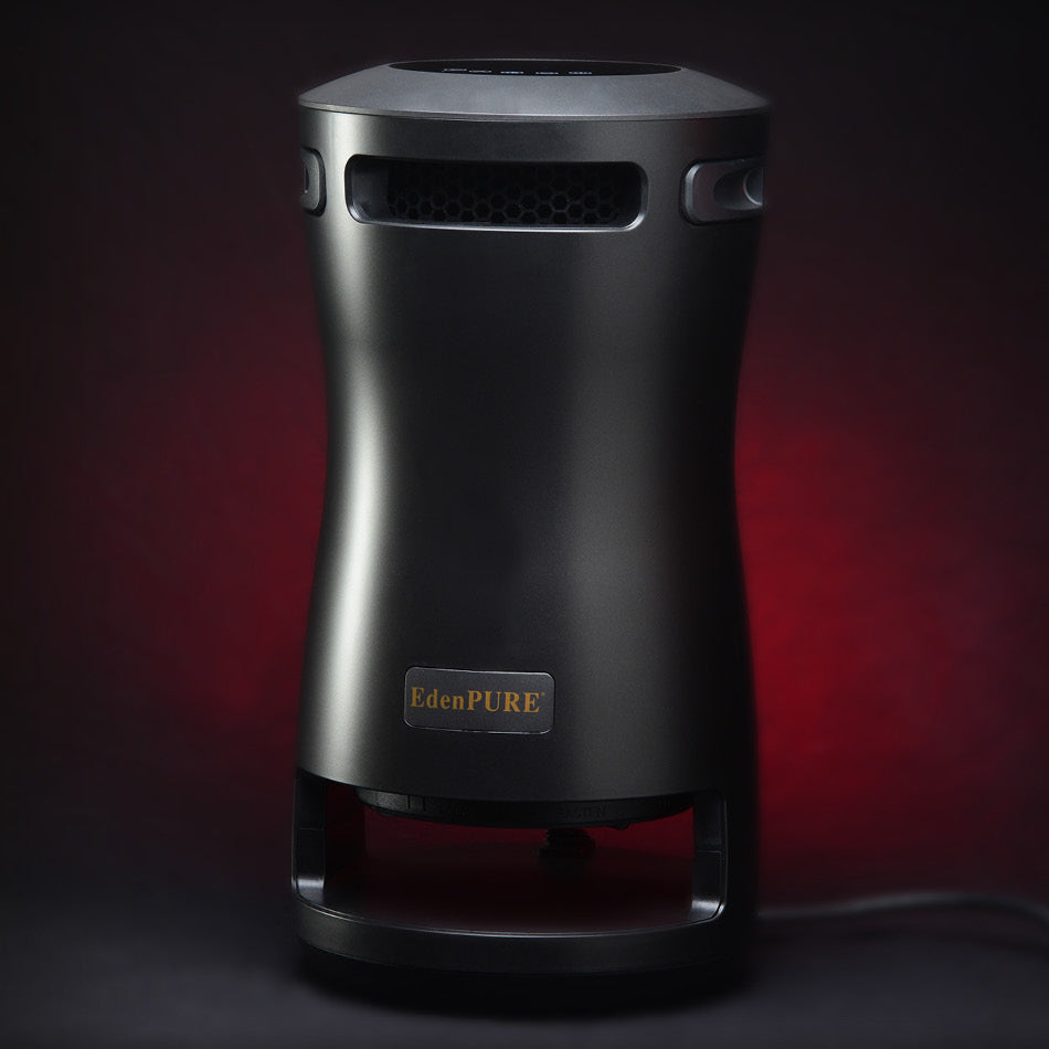EdenPURE 360 Super Climater refurbished heater in black with airflow vents and power cord on dark red background