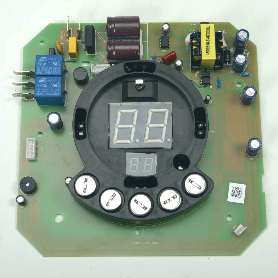 Control Board YN030 circuit board with digital display, capacitors, relays, and various electronic components on green PCB