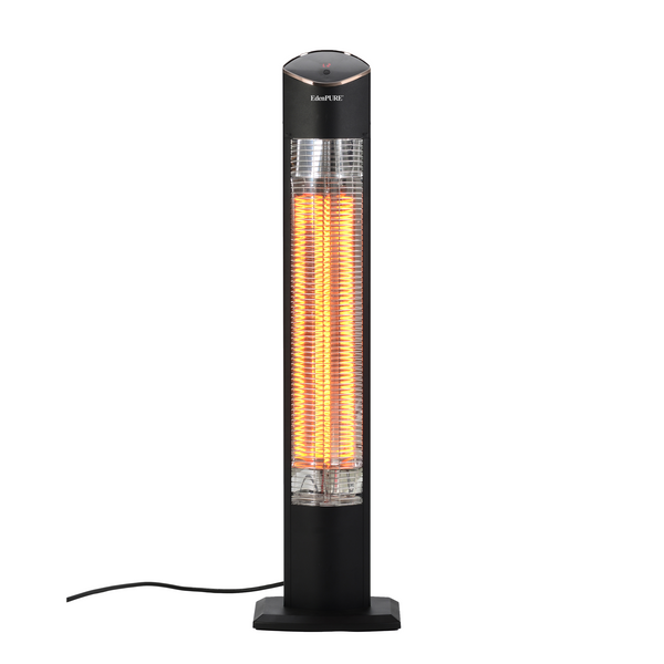 EdenPURE All Season Indoor/Outdoor Infrared Tower Heater in black with glowing heating elements isolated on white background