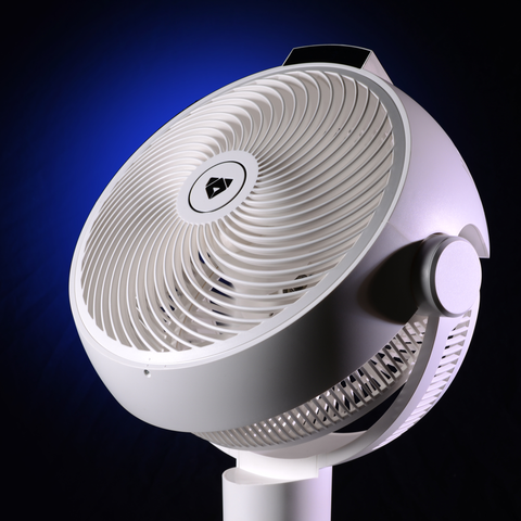 EdenPURE GEN80 Smart Cooler Purifier with white circular grille and adjustable stand against blue background