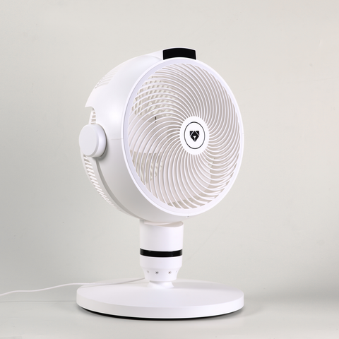 EdenPURE GEN80 Smart Cooler Purifier in white with round vent grille and adjustable stand isolated on gray background
