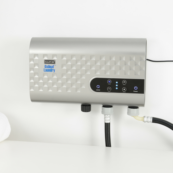 EdenPURE Oxileaf Laundry Wash System in silver with digital control panel and connected hoses on white background