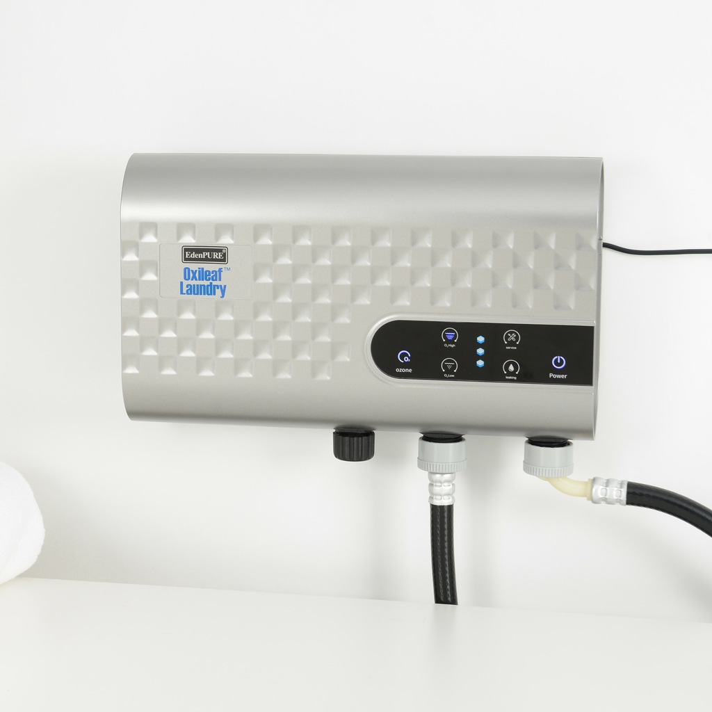 EdenPURE Oxileaf Laundry Wash System in silver with digital control panel and connected hoses on white background