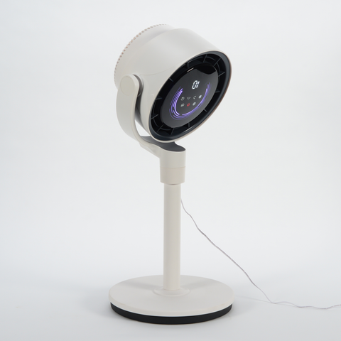 EdenPURE TurboAIR Fan in white with digital control panel and adjustable head on round base isolated on white background