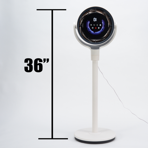 EdenPURE TurboAIR fan in white with digital control panel and 36 inch height measurement on plain background
