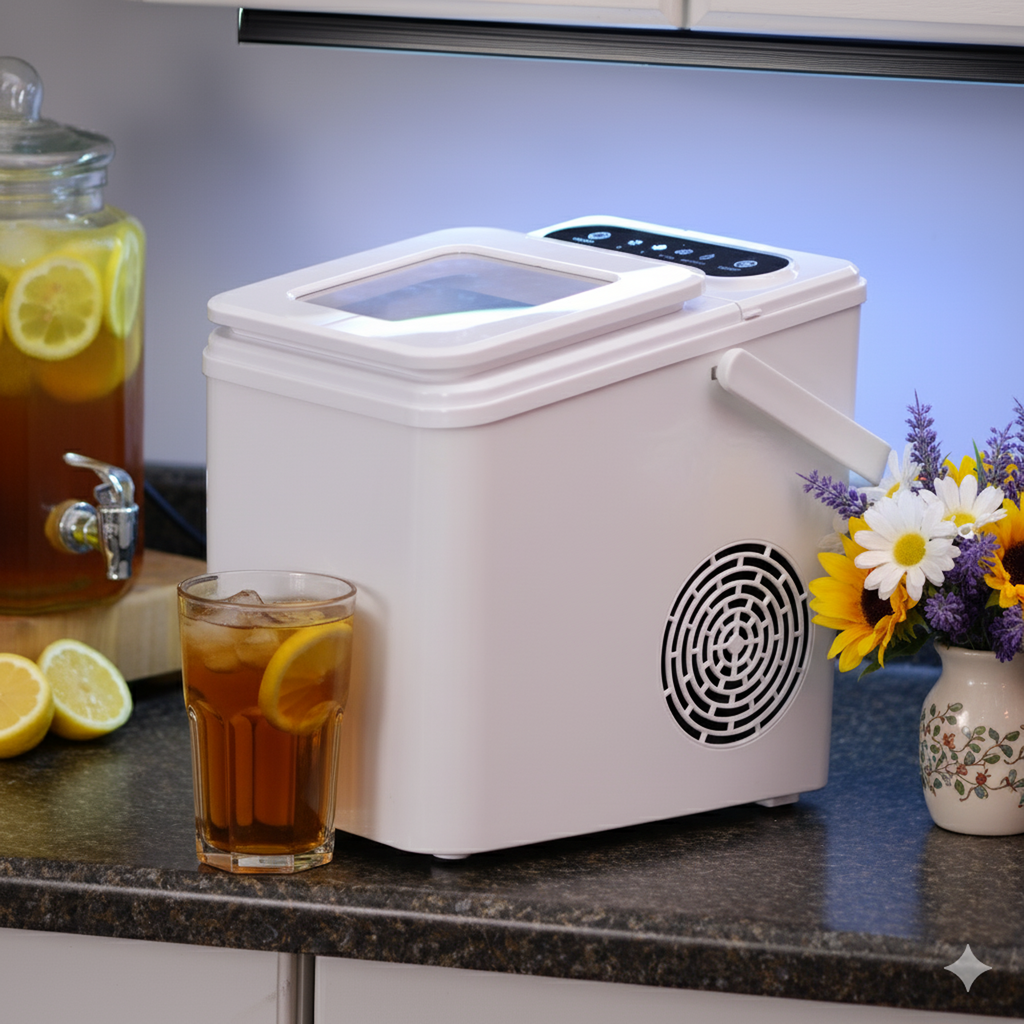 EdenPURE UV IcePRO ice maker with white body and digital control panel on kitchen countertop next to iced tea and flowers
