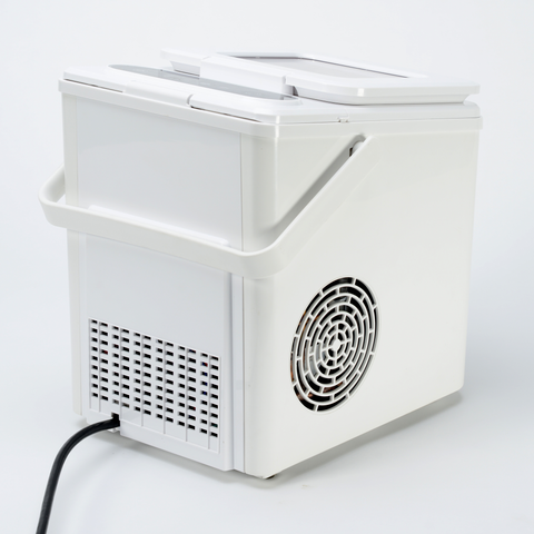 EdenPURE UV IcePRO ice maker with white plastic body showing side vent and power cord on white background
