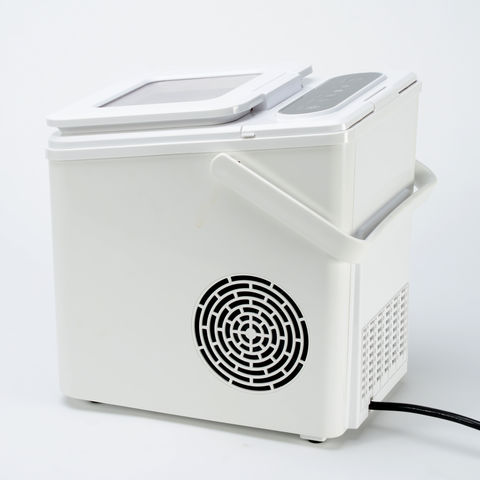EdenPURE UV IcePRO portable ice maker with white body, handle, clear lid, and digital control panel isolated on white background