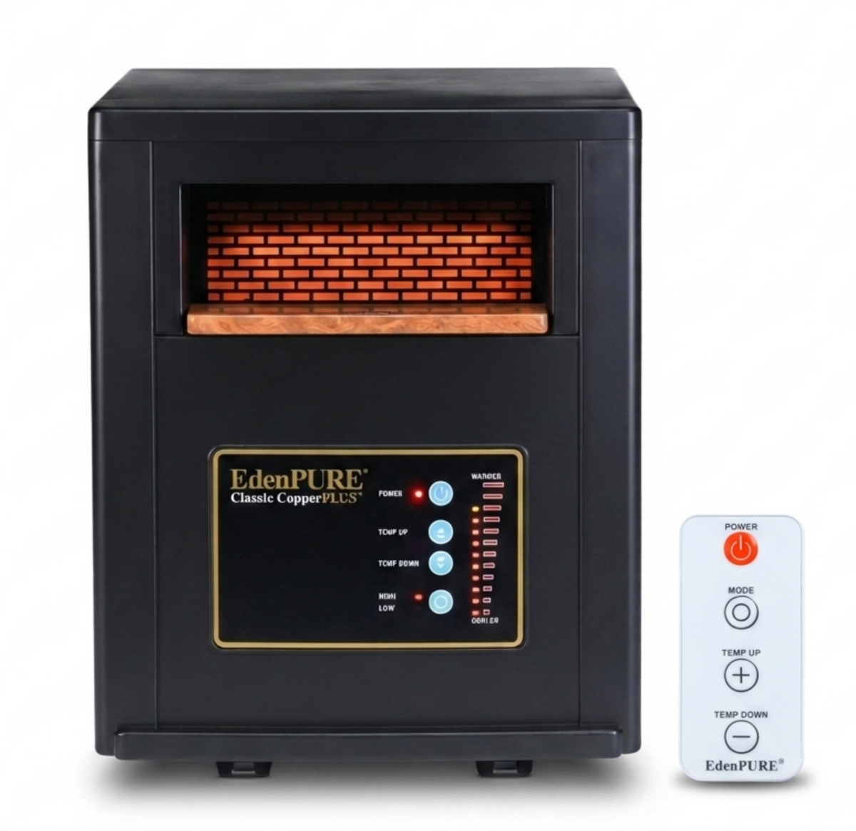 EdenPURE Classic CopperPLUS infrared space heater in black with glowing heating panel and hand holding remote control