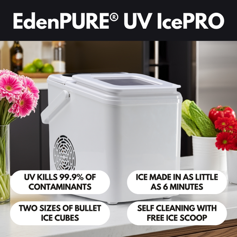 EdenPURE UV IcePRO ice maker in white with clear lid on kitchen counter near flowers and vegetables