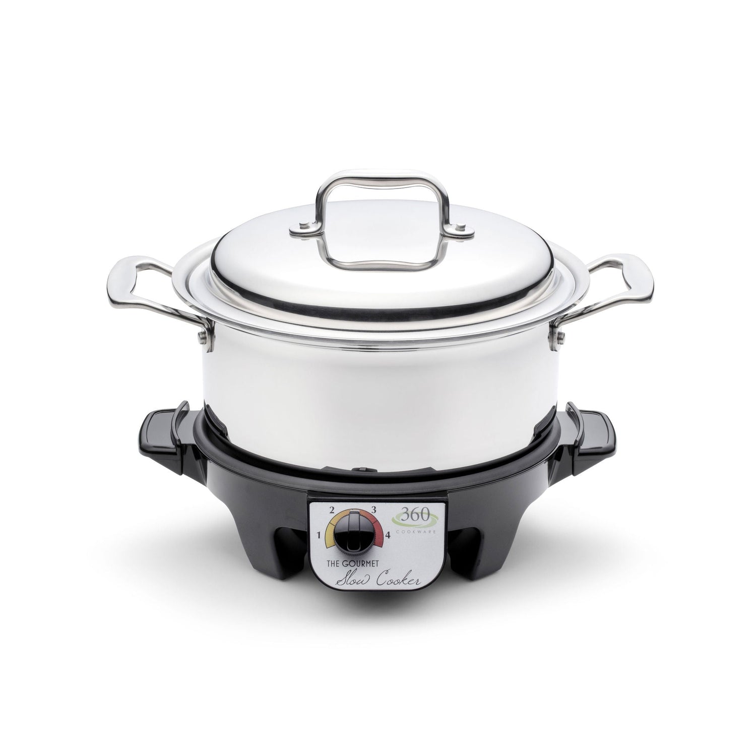 360 Cookware 4 quart stainless steel slow cooker with lid and black base dial control on white background