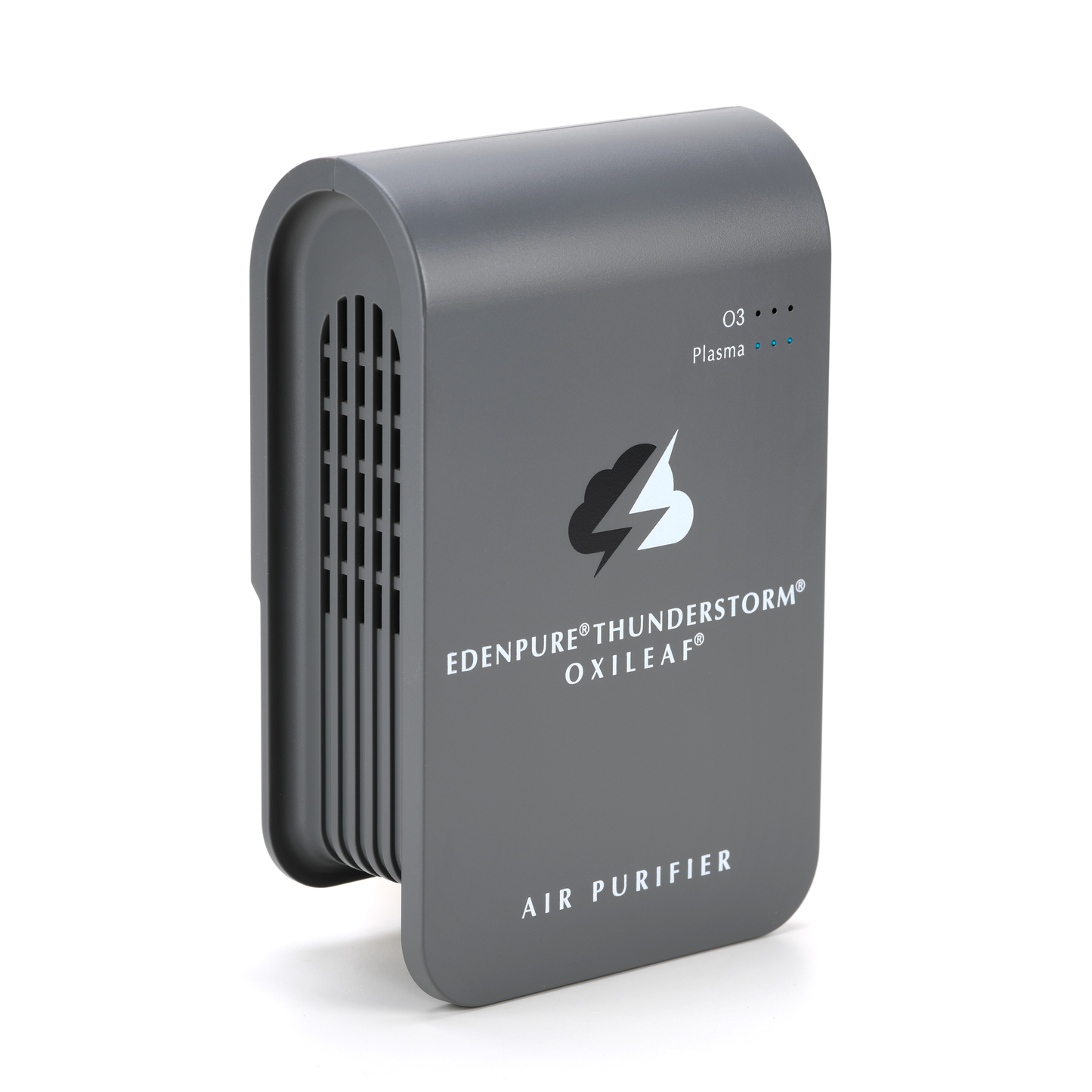 EdenPURE Thunderstorm Oxileaf III air purifier in dark gray with ventilation slats and status lights on white background