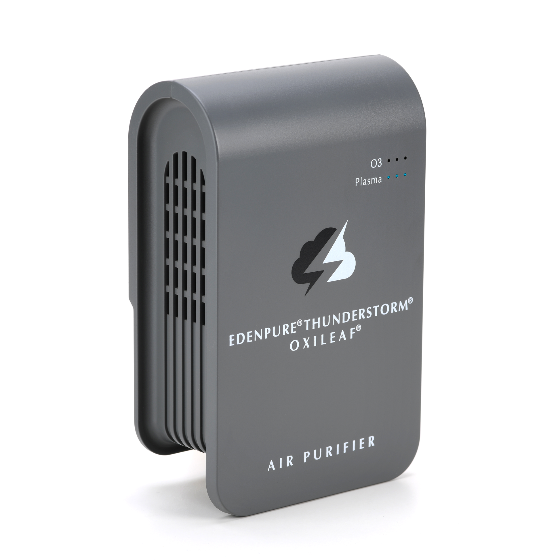 EdenPURE Thunderstorm Oxileaf III air purifier in dark gray with ventilation slats and status lights on white background
