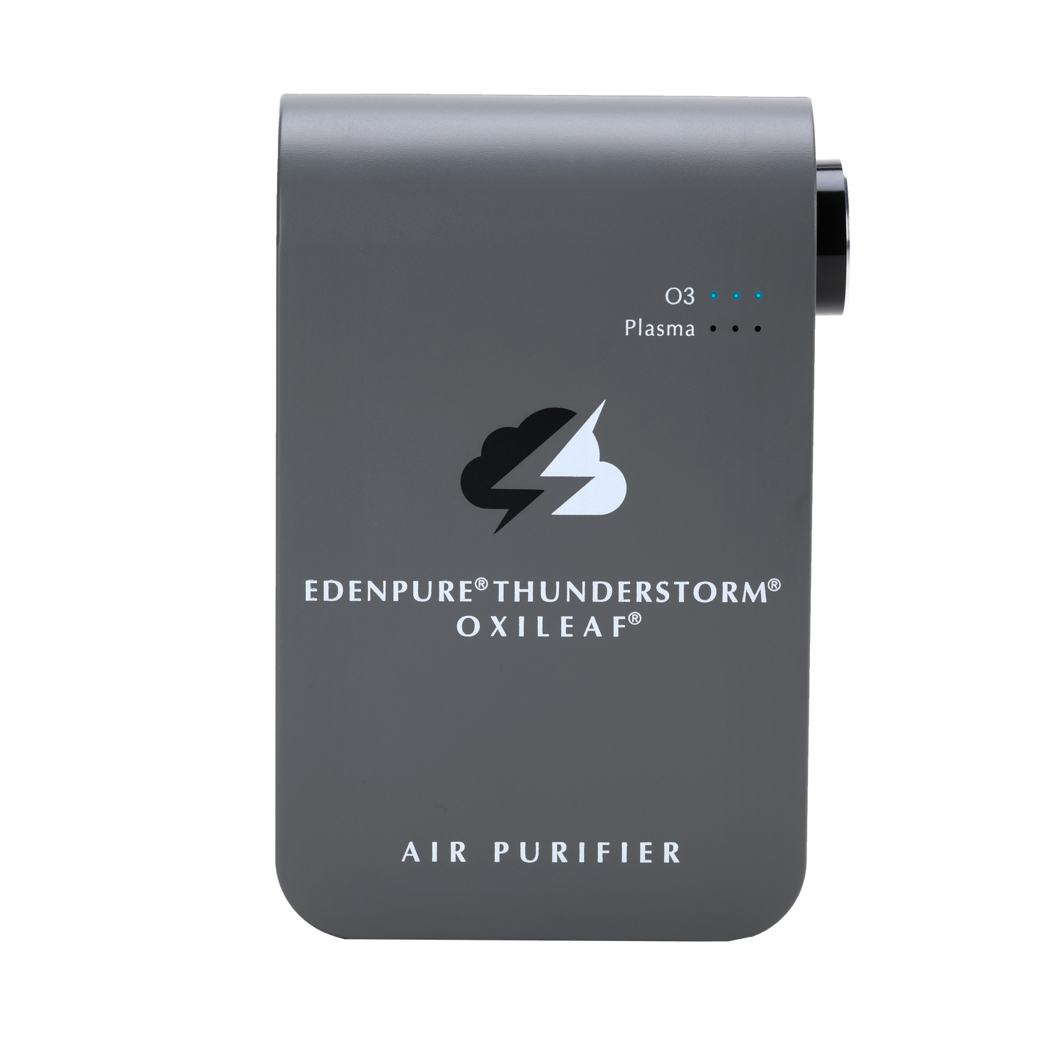 EdenPURE Thunderstorm Oxileaf III air purifier in gray with logo and control lights on front isolated on white background