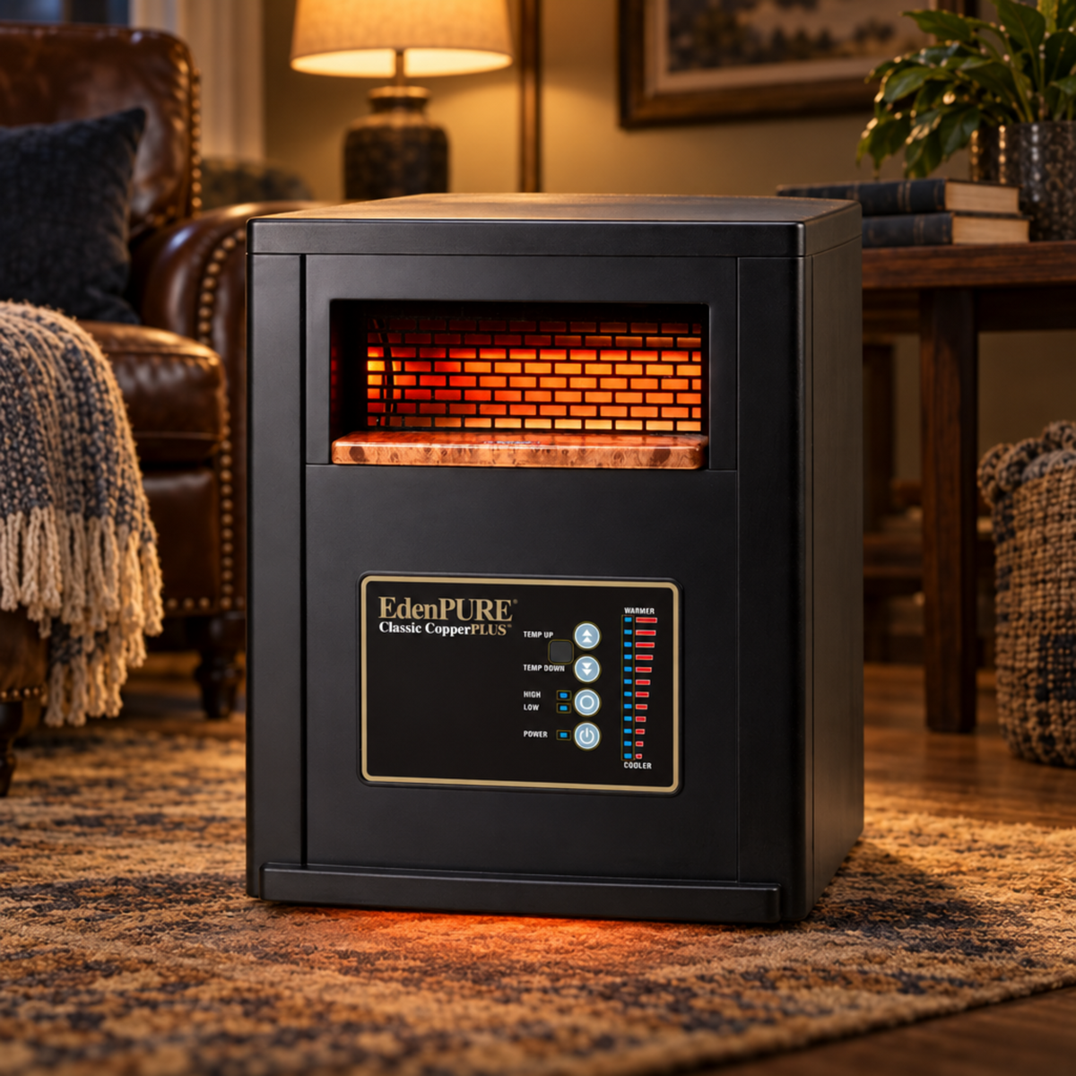 EdenPURE Classic CopperPLUS infrared space heater in a cozy living room beside a leather chair and warm lighting.