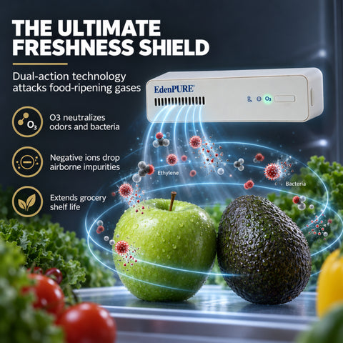 EdenPURE Thunderstorm Refrigerator Air Purifier illustrating ozone and negative-ion technology for odors, airborne impurities, and food-ripening gases.