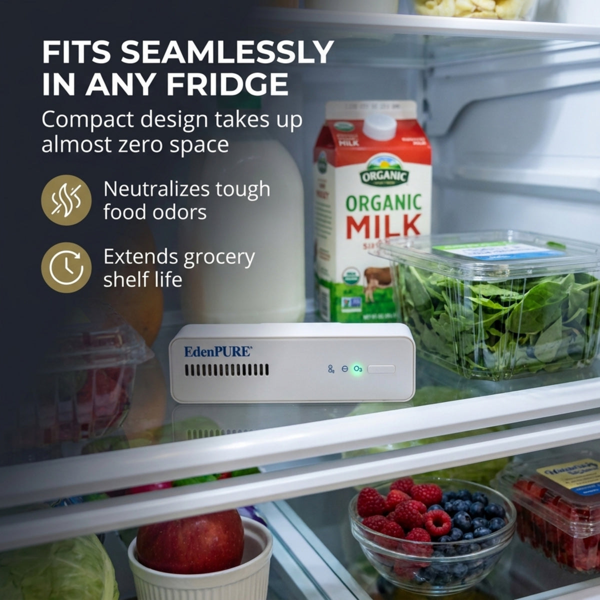 EdenPURE Thunderstorm Refrigerator Air Purifier placed on a refrigerator shelf beside fresh produce and groceries.