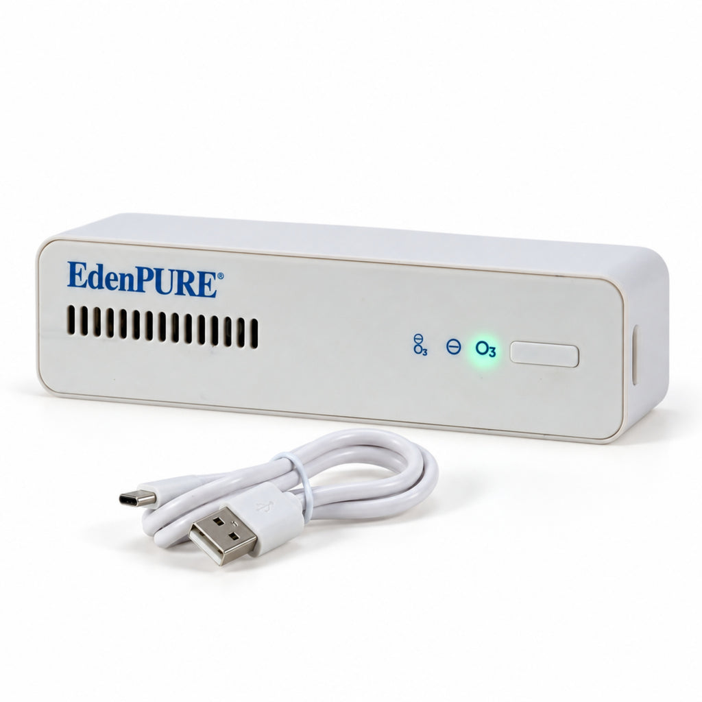EdenPURE Thunderstorm Refrigerator Air Purifier with rechargeable USB-C charging cable on white background.