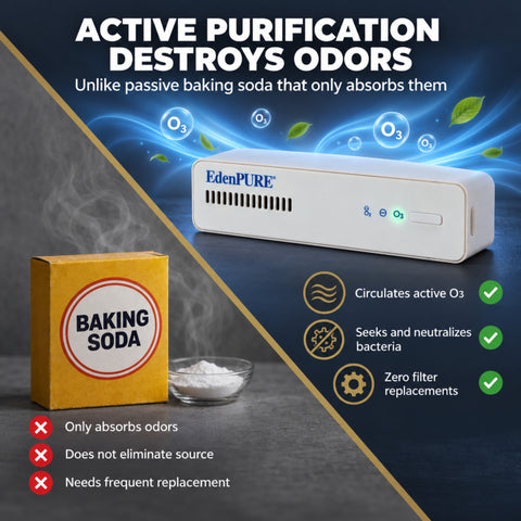 EdenPURE Thunderstorm ozone refrigerator air purifier compared with baking soda for reducing unwanted food odors.