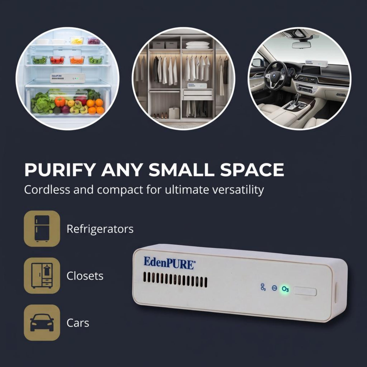 EdenPURE Thunderstorm compact air purifier shown for use in refrigerators, closets, and cars to help reduce odors in small spaces.