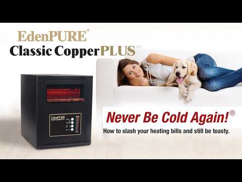 EdenPURE Classic CopperPLUS infrared space heater product video highlighting copper heating technology, 24 heat settings, safety features, and heating for rooms up to 1,000 square feet.