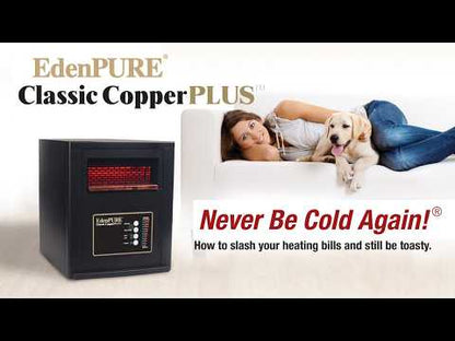 EdenPURE Classic CopperPLUS infrared space heater product video highlighting copper heating technology, 24 heat settings, safety features, and heating for rooms up to 1,000 square feet.