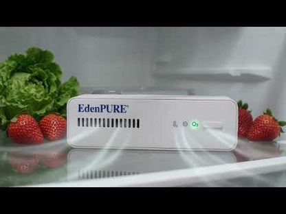 EdenPURE Thunderstorm Refrigerator Air Purifier product video demonstrating food freshness benefits, odor reduction, rechargeable operation, and features.