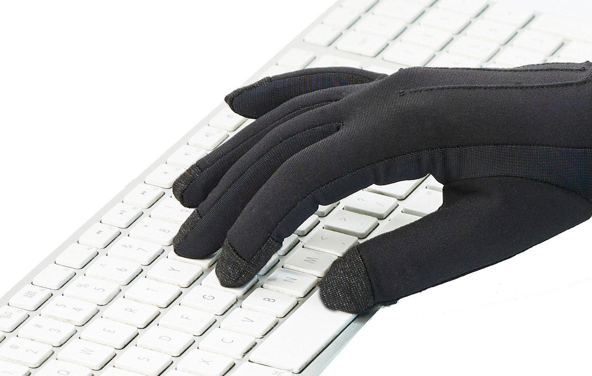 Black Writer's Glove® designed for typing with touchscreen-compatible fingertips on white keyboard background