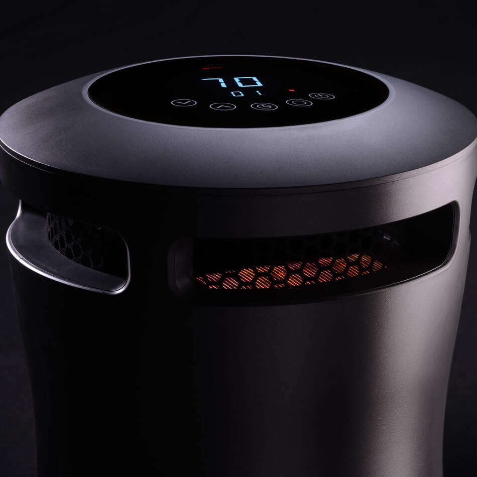 EdenPURE 360 Super Climater refurbished heater showing glowing heating element and digital control panel on top