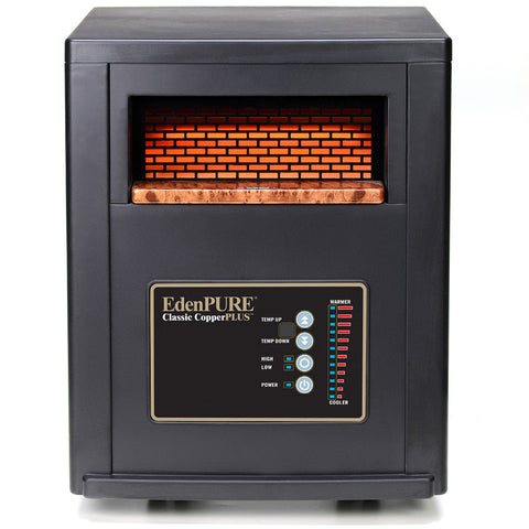 EdenPURE Classic CopperPLUS Infrared Heater refurbished model with digital control panel and glowing copper heating element