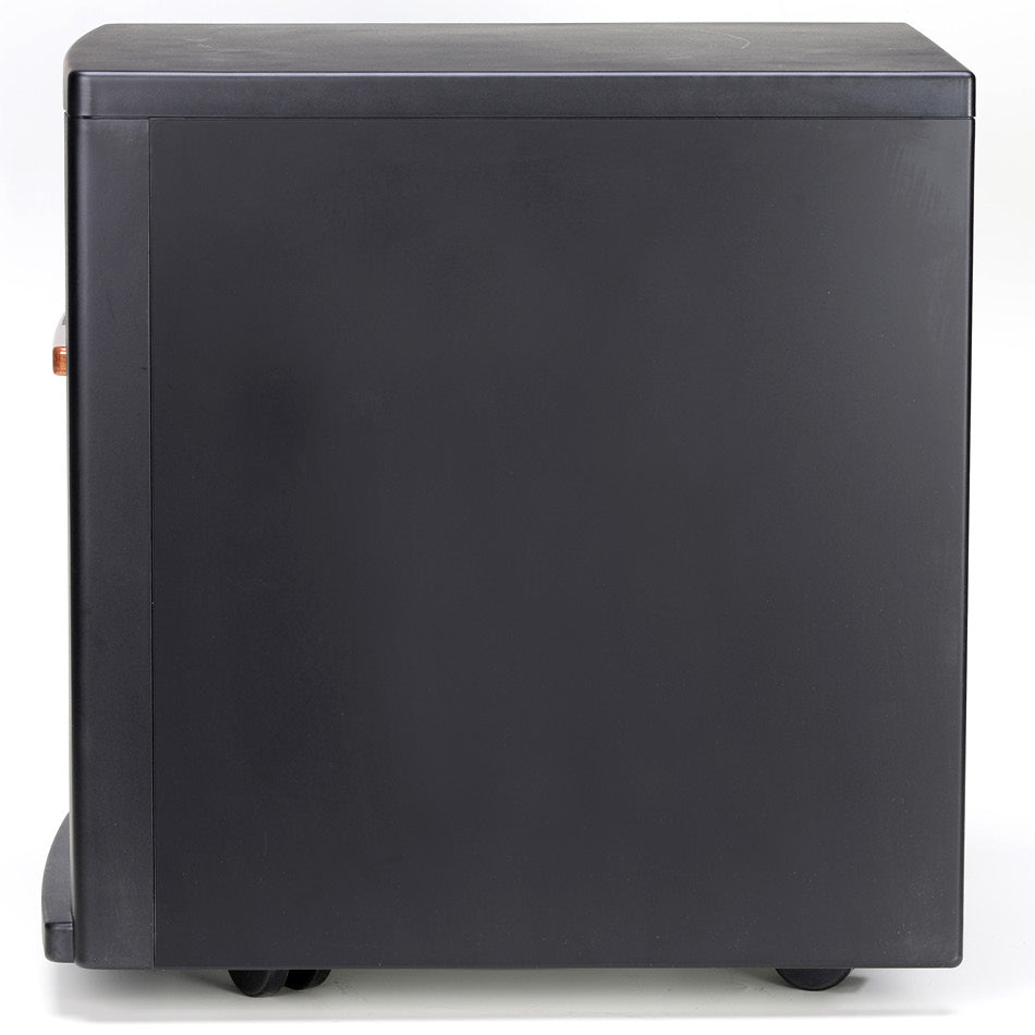 Side view of refurbished EdenPURE Classic CopperPLUS Infrared Heater in black casing on white background