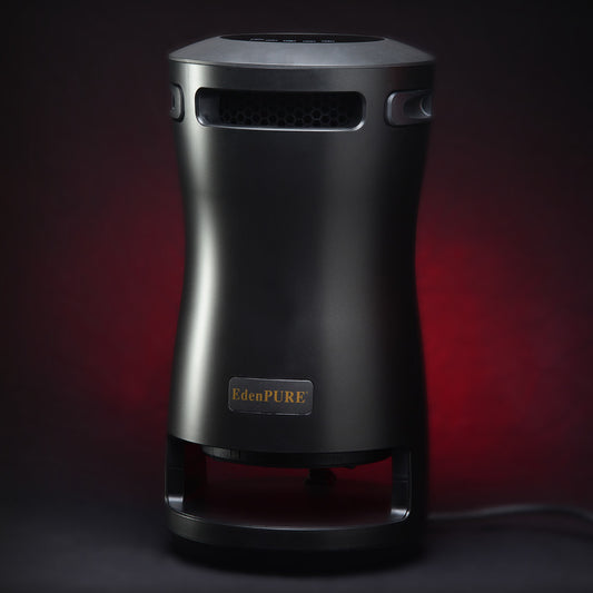 EdenPURE 360 Super Climater refurbished heater in black with airflow vents and power cord on dark red background