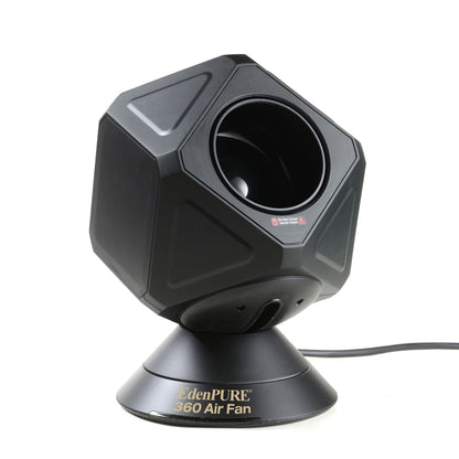 EdenPURE 360 Air Fan Heater/Cooler refurbished unit in black with cube-shaped fan and round base on white background