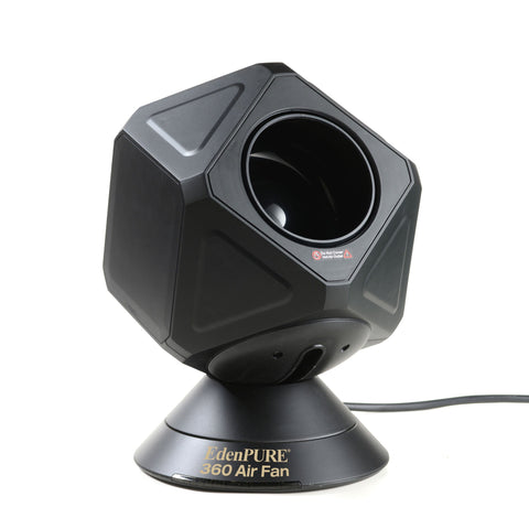 EdenPURE 360 Air Fan Heater/Cooler refurbished unit in black with cube-shaped fan and round base on white background
