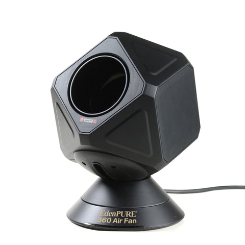 EdenPURE 360 Air Fan Heater Cooler refurbished unit in black with hexagonal fan design and conical base on white background