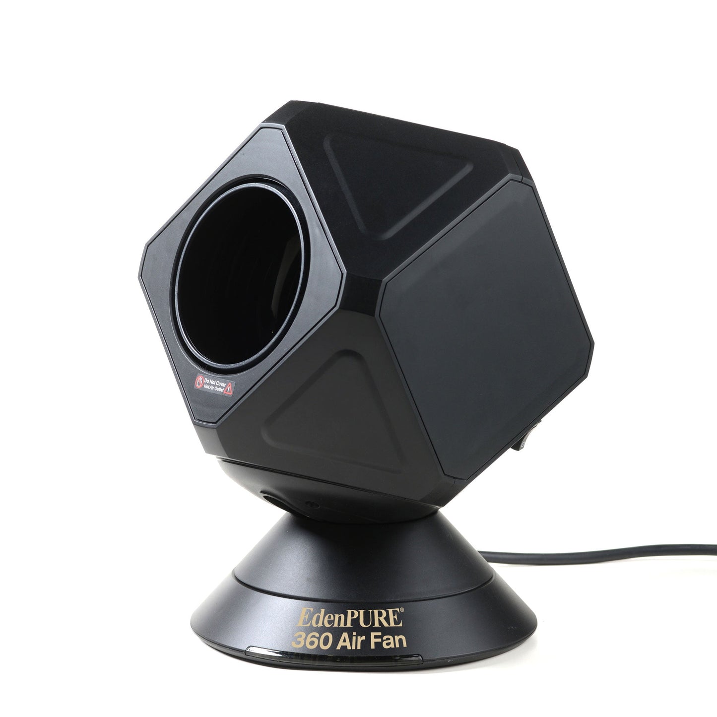 EdenPURE 360 Air Fan Heater and Cooler in black with hexagonal design and gold logo on round base isolated on white background