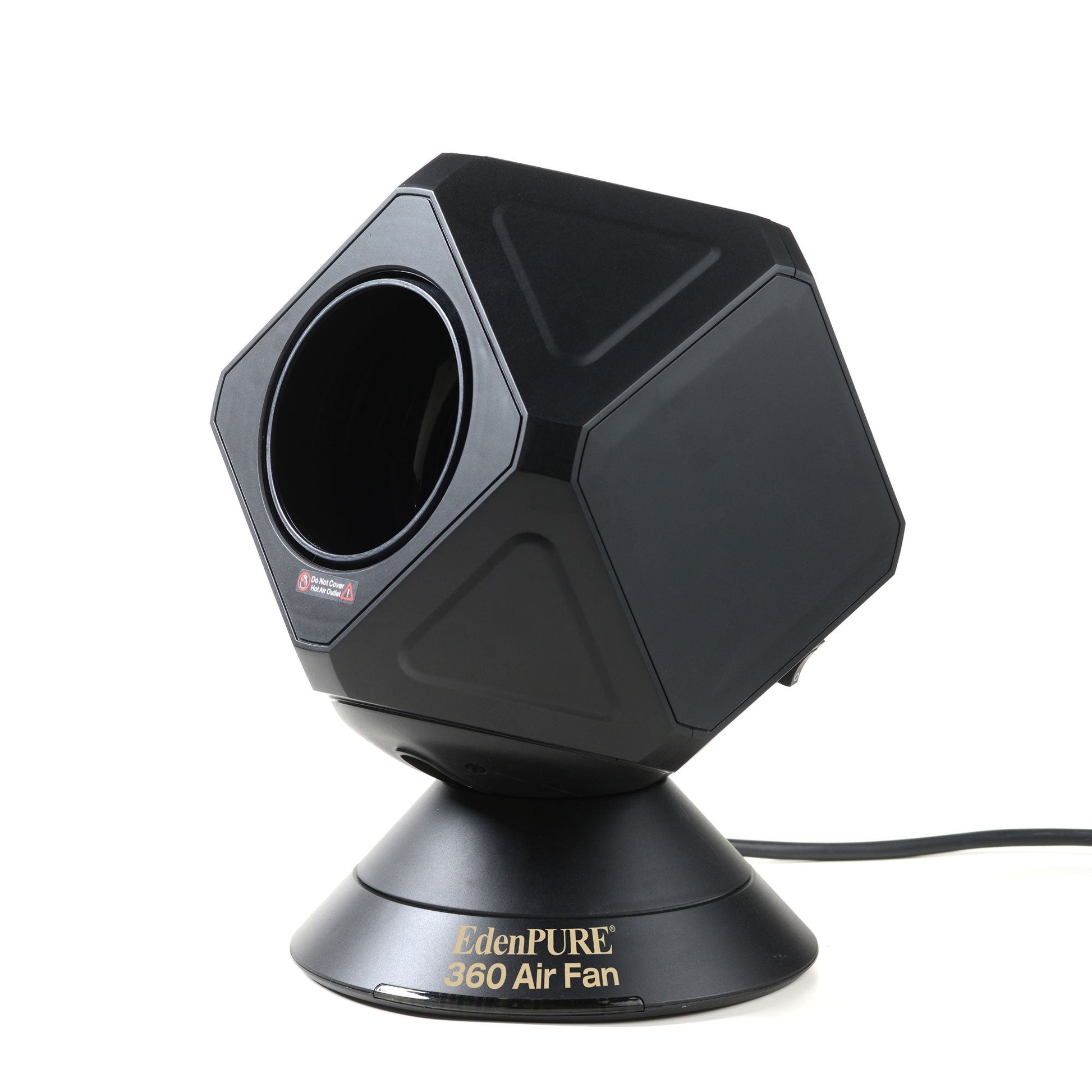 EdenPURE 360 Air Fan Heater and Cooler in black with hexagonal design and gold logo on round base isolated on white background