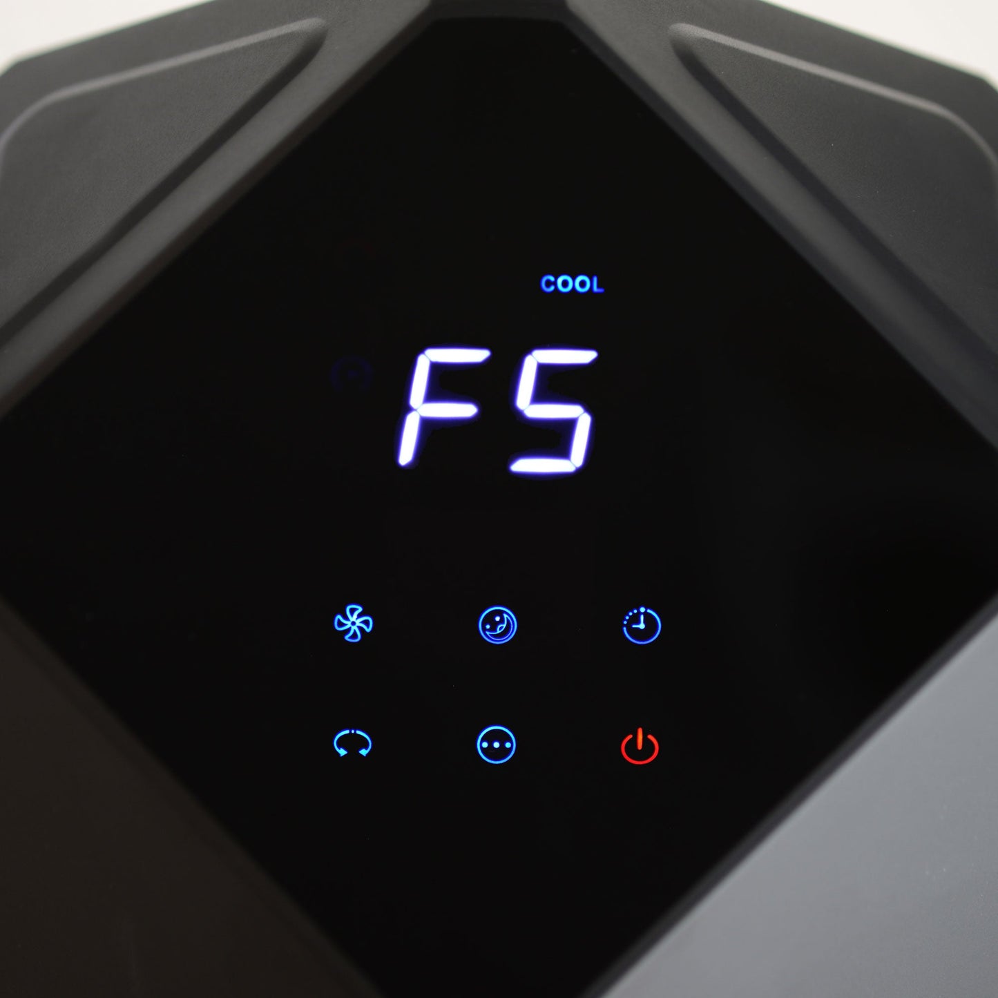 Close-up of EdenPURE 360 Air Fan Heater/Cooler digital display showing COOL mode and function icons on black panel