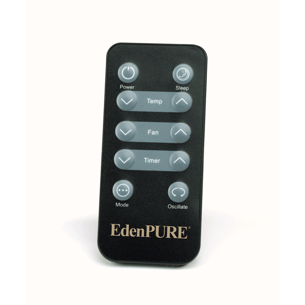 Black EdenPURE remote control with buttons for power, sleep, temperature, fan, timer, mode, and oscillate functions
