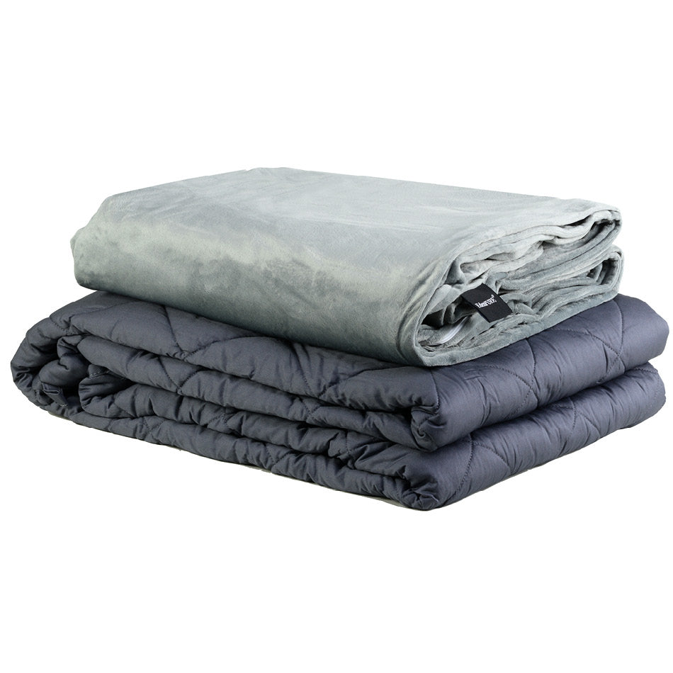 EdenPURE Weighted Calming Blanket large size folded in two layers with gray and dark gray soft fabric on white background