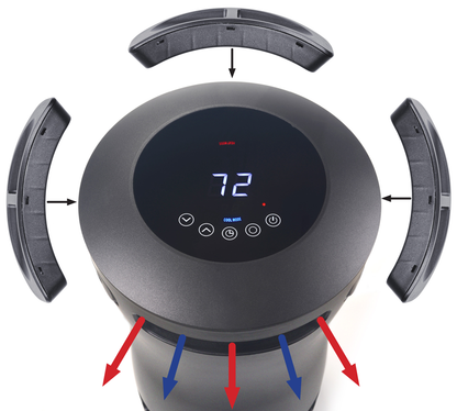 Top view of EdenPURE 360 Super Climater heater control panel with temperature display and airflow direction indicators