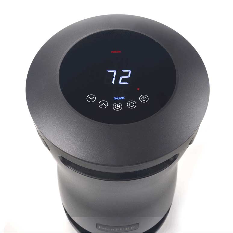 Top view of EdenPURE 360 Super Climater refurbished heater digital control panel showing temperature display and function buttons