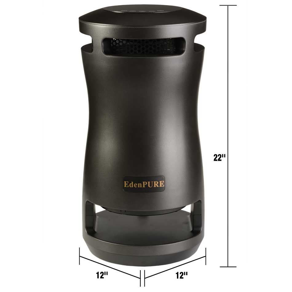 Refurbished EdenPURE 360 Super Climater heater in black with 22-inch height and 12-inch square base dimensions