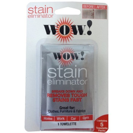 WOW! Stain Eliminator 5-pack towelettes for removing tough stains on clothes, furniture, and fabrics fast.